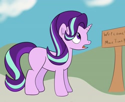 Size: 4041x3319 | Tagged: safe, artist:frownfactory, starlight glimmer, pony, unicorn, g4, cloud, female, horn, missing cutie mark, road sign, sign, sky