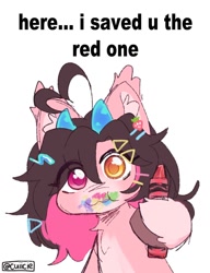 Size: 923x1200 | Tagged: safe, artist:cuiicie, oc, oc only, oc:key mash, bat pony, pony, :3, ahoge, chest fluff, colored horns, colored pinnae, crayon, ear fluff, ear tufts, eating crayons, female, half body, heterochromia, hoof hold, horns, looking at you, mare, pale belly, simple background, solo, talking to viewer, text, two toned mane, unshorn fetlocks, white background