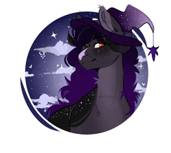 Size: 1200x1075 | Tagged: safe, artist:dejji_vuu, oc, oc:mantra lucinda altar, pony, bust, female, hat, horns, mare, portrait, solo, witch hat