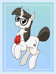 Size: 1530x2040 | Tagged: safe, artist:moonatik, raven, pony, unicorn, g4, abstract background, alternate hairstyle, collar, cravat, cute, female, glasses, gradient background, horn, mare, raised hoof, solo, tail, tail bun