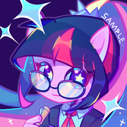 Size: 2000x2000 | Tagged: safe, artist:glimony, sci-twi, twilight sparkle, anthro, equestria girls, g4, blue background, bust, female, glasses, high res, looking at you, pony ears, ponytail, sample, scrunchie, simple background, smiling, smiling at you, solo, sparkles, starry eyes, wingding eyes