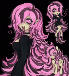 Size: 1848x2048 | Tagged: safe, artist:plushvamp, fluttershy, human, pony, undead, vampire, g4, black background, black dress, choker, clothes, dress, ear piercing, elf ears, emoshy, fangs, female, hair over one eye, heart, heart tongue, high heels, humanized, lip piercing, piercing, shoes, simple background, snake bites, swirly eyes, wingless