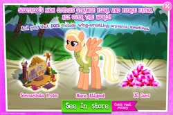 Size: 1954x1298 | Tagged: safe, gameloft, mane allgood, pegasus, pony, g4, my little pony: magic princess, official, advertisement, clothes, costs real money, english, female, gem, introduction card, long legs, mare, mobile game, numbers, ponytail, shirt, solo, spread wings, text, wings