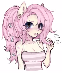 Size: 1744x2048 | Tagged: safe, artist:plushvamp, fluttershy, anthro, g4, alternate hairstyle, ambiguous facial structure, breasts, cleavage, ear piercing, female, hair accessory, lip piercing, piercing, playing with hair, ponytail, simple background, snake bites, solo, white background