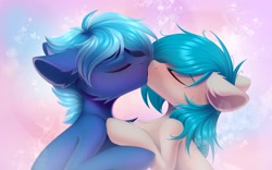 Size: 2048x1280 | Tagged: safe, artist:kebchach, oc, oc only, oc:marigold earth tulip hosta, oc:sapphire lance, pony, duo, duo male and female, female, in love, kiss on the lips, kissing, male, mare, oc x oc, shipping, stallion, straight