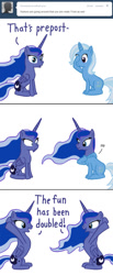 Size: 528x1280 | Tagged: safe, artist:tootootaloo, princess luna, trixie, alicorn, pony, unicorn, ask princess luna, g4, ask, duality, eye contact, female, frown, horn, looking at each other, looking at someone, looking at you, mare, open mouth, ponysuit, self paradox, self ponidox, simple background, sitting, smiling, the fun has been doubled, trixie suit, tumblr, white background, wide eyes