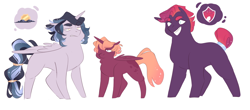 Size: 1586x700 | Tagged: safe, artist:nutter-meg, oc, oc only, oc:lucy, oc:themis, oc:titania, alicorn, earth pony, pony, alicorn oc, concave belly, cousins, earth pony oc, ethereal mane, female, frown, grin, height difference, horn, male, mare, offspring, parent:big macintosh, parent:good king sombra, parent:king sombra, parent:princess celestia, parent:princess luna, parents:celestibra, parents:lunamac, siblings, simple background, sisters, smiling, stallion, starry mane, tail, tail bun, tail wrap, trio, white background, wings