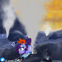 Size: 2410x2396 | Tagged: safe, artist:juniverse, oc, oc:juniverse, earth pony, pony, clothes, clumsy, curious, europa, fact, getting into trouble, geyser, jupiter, planet, ribbon, satellite, silly, space pony, surprised, sweater, ups