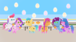 Size: 1920x1080 | Tagged: safe, artist:carrotorangelight, hitch trailblazer, izzy moonbow, misty brightdawn, pipp petals, sunny starscout, zipp storm, earth pony, pegasus, pony, unicorn, g5, female, horn, male, mane five, mane six (g5), pointy ponies, royal sisters (g5), siblings, sisters