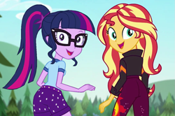 Size: 861x572 | Tagged: safe, alternate version, artist:thedarkpony, edit, edited screencap, screencap, sci-twi, sunset shimmer, twilight sparkle, equestria girls, equestria girls specials, g4, my little pony equestria girls: better together, my little pony equestria girls: legend of everfree, my little pony equestria girls: sunset's backstage pass, ass, bunset shimmer, butt, camp everfree outfits, clothes, cropped, duo, duo female, female, music festival outfit, pants, shorts, twibutt