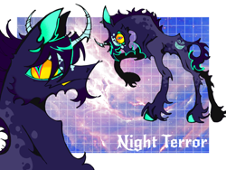 Size: 1024x768 | Tagged: safe, artist:glorioustragedykid, oc, oc only, oc:night terror, pony, unicorn, artist, beard, chest fluff, chin fluff, coat markings, colored belly, colored hooves, colored horn, colored pinnae, colored pupils, colored sclera, colored teeth, countershading, crooked horn, duality, ear fluff, facial hair, facial markings, fangs, gradient background, grid, horn, lanky, leg fluff, leonine tail, long legs, long mane, long mane male, looking at you, male, multicolored eyes, passepartout, profile, purple coat, purple mane, raised hoof, reverse countershading, short tail, simple background, skinny, slit pupils, smiling, socks (coat markings), solo, stallion, standing, tail, tall, text, thin, thin legs, two toned mane, unicorn oc, unshorn fetlocks, white background, yellow sclera