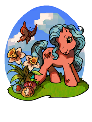 Size: 600x800 | Tagged: safe, artist:glorioustragedykid, fluttershy (g3), butterfly, earth pony, pony, g3, alternate color palette, alternate eye color, alternate mane color, blue mane, blue tail, cloud, coloring page, countershading, day, easter, easter egg, eyelashes, female, flower, grass, heart, heart mark, long mane, long tail, looking at something, mare, simple background, smiling, solo, standing, tail, wavy mane, wavy tail, white background, wingding eyes, yellow eyes