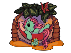 Size: 800x600 | Tagged: safe, artist:glorioustragedykid, minty, butterfly, earth pony, pony, g3, alternate eye color, beach, blue eyes, colored pinnae, coloring page, countershading, eyelashes, eyeshadow, fan, female, green coat, hammock, hand fan, hoof hold, hoof on chest, long mane, long tail, lying down, makeup, mare, palm tree, pink mane, pink tail, profile, sand, simple background, smiling, solo, sunset, tail, tree, tropical, wavy mane, wavy tail, white background, wingding eyes