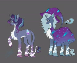 Size: 3484x2887 | Tagged: safe, artist:arcticsaiyan, starlight glimmer, trixie, pony, unicorn, g4, alternate design, cape, chest fluff, clothes, coat markings, countershading, glowing, gray background, hat, horn, leonine tail, multicolored hair, redesign, simple background, socks (coat markings), tail, trixie's cape, trixie's hat, unshorn fetlocks