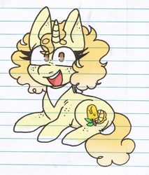 Size: 972x1141 | Tagged: safe, artist:bunnykitty13, oc, oc only, oc:lemon pop, pony, unicorn, bandana, big eyes, body freckles, chibi, coat markings, curly mane, curly tail, ear freckles, eye clipping through hair, female, freckles, gradient mane, gradient tail, horn, leg freckles, lined paper, long mane, long tail, looking at you, mare, neckerchief, open mouth, open smile, sitting, smiling, smiling at you, socks (coat markings), solo, tail, teeth, thick eyelashes, tongue out, traditional art, unicorn horn, unicorn oc, yellow coat, yellow mane, yellow tail