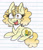 Size: 972x1141 | Tagged: safe, artist:bunnykitty13, oc, oc only, oc:lemon pop, pony, unicorn, bandana, big eyes, body freckles, chibi, coat markings, curly mane, curly tail, ear freckles, eye clipping through hair, female, freckles, gradient mane, gradient tail, horn, leg freckles, lined paper, long mane, long tail, looking at you, mare, neckerchief, open mouth, open smile, sitting, smiling, smiling at you, socks (coat markings), solo, tail, teeth, thick eyelashes, tongue out, traditional art, unicorn horn, unicorn oc, yellow coat, yellow mane, yellow tail