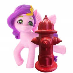 Size: 2048x2048 | Tagged: safe, edit, pipp petals, pegasus, pony, g5, behaving like a dog, female, figurine, fire hydrant, lifting leg, mare, meme, simple background, solo, white background