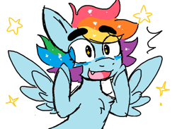 Size: 500x365 | Tagged: safe, artist:bunnykitty13, rainbow dash, pegasus, pony, g4, blue blush, blushing, bust, cute, cute little fangs, dashabetes, emanata, eye clipping through hair, eyebrows, eyebrows visible through hair, fangs, female, mare, multicolored hair, rainbow hair, raised hooves, short hair rainbow dash, simple background, smiling, solo, sparkly eyes, sparkly mane, spread wings, stars, thick eyebrows, white background, wingding eyes, wings