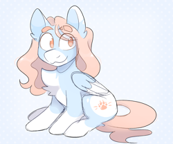 Size: 1832x1524 | Tagged: safe, artist:bunnykitty13, oc, oc only, oc:snowy paw, pegasus, pony, :3, big ears, big eyes, blue background, blue coat, chest fluff, coat markings, colored belly, colored eartips, colored eyebrows, colored muzzle, colored pinnae, colored wings, colored wingtips, countershading, eye clipping through hair, eyebrows, eyebrows visible through hair, folded wings, leg fluff, long mane, long mane male, long tail, looking back, male, orange eyes, orange mane, orange tail, pale belly, pegasus oc, simple background, sitting, smiling, socks (coat markings), solo, stallion, tail, thick eyebrows, two toned wings, wavy mane, wavy tail, wings