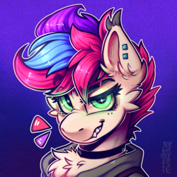 Size: 3500x3500 | Tagged: safe, artist:yumkandie, oc, oc only, oc:pedals, pegasus, pony, bust, cheek fluff, chest fluff, choker, commission, ear fluff, ear piercing, freckles, glowing, glowing eyes, gradient background, grin, multiple variants, piercing, smiling, solo, teeth, tricolor mane
