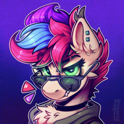 Size: 3500x3500 | Tagged: safe, alternate version, artist:yumkandie, oc, oc only, oc:pedals, pegasus, pony, bust, cheek fluff, chest fluff, choker, commission, ear fluff, ear piercing, freckles, glowing, glowing eyes, gradient background, grin, multiple variants, piercing, smiling, solo, sunglasses, teeth, tricolor mane