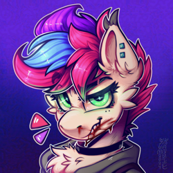 Size: 3500x3500 | Tagged: safe, alternate version, artist:yumkandie, oc, oc only, oc:pedals, pegasus, pony, blood, bust, cheek fluff, chest fluff, choker, commission, ear fluff, ear piercing, freckles, glowing, glowing eyes, gradient background, grin, multiple variants, piercing, smiling, solo, teeth, tricolor mane