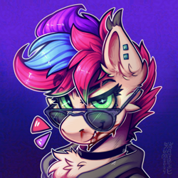 Size: 3500x3500 | Tagged: safe, alternate version, artist:yumkandie, oc, oc only, oc:pedals, pegasus, pony, blood, bust, cheek fluff, chest fluff, choker, commission, ear fluff, ear piercing, freckles, glowing, glowing eyes, gradient background, grin, multiple variants, piercing, smiling, solo, sunglasses, teeth, tricolor mane