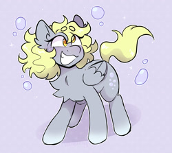 Size: 1594x1420 | Tagged: safe, artist:bunnykitty13, derpy hooves, pegasus, pony, g4, :3, alternate hairstyle, beanbrows, big ears, bubble, chest fluff, colored eyebrows, curly mane, cute, derp, derpabetes, ear fluff, eye clipping through hair, eyebrows, eyebrows visible through hair, female, folded wings, gradient legs, gray coat, mare, purple background, shadow, short, short mane, simple background, smiling, solo, standing, tail, wingding eyes, wings, yellow eyes, yellow mane, yellow tail