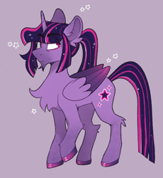 Size: 1280x1391 | Tagged: safe, artist:bunnykitty13, twilight sparkle, alicorn, pony, g4, alternate design, alternate eye color, alternate hair color, alternate hairstyle, bags under eyes, beard, big ears, chest fluff, chin fluff, colored hooves, colored wings, ear fluff, eye clipping through hair, eyebrows, eyebrows visible through hair, facial hair, female, folded wings, frown, gradient legs, gradient wings, horn, long legs, long mane, long tail, looking back, mare, multicolored mane, multicolored tail, multicolored wings, narrowed eyes, pink eyes, ponytail, purple background, purple coat, raised hoof, shiny hooves, simple background, solo, sparkly mane, sparkly tail, standing, stars, straight mane, straight tail, tail, tall, tied mane, twilight sparkle (alicorn), unicorn horn, wingding eyes, wings