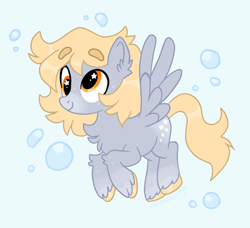 Size: 764x696 | Tagged: safe, artist:bunnykitty13, derpy hooves, pegasus, pony, g4, alternate color palette, alternate design, alternate hairstyle, artist, blonde mane, blonde tail, blue background, bubble, chest fluff, coat markings, colored eyebrows, colored hooves, colored muzzle, derp, design, ear fluff, eyebrows, eyebrows visible through hair, female, flying, freckles, gray coat, leg fluff, long mane, long tail, mare, redesign, short mane, simple background, socks (coat markings), solo, spread wings, starry eyes, tail, unshorn fetlocks, vector, wingding eyes, wings, yellow eyes, yellow mane, yellow tail