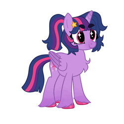 Size: 1280x1280 | Tagged: safe, artist:bunnykitty13, edit, part of a set, vector edit, twilight sparkle, alicorn, pony, g4, alternate eye color, alternate hairstyle, chest fluff, colored hooves, colored muzzle, colored wings, colored wingtips, cutie mark eyes, eyebrows, eyebrows visible through hair, eyelashes, female, folded wings, gradient horn, gradient legs, hairclip, horn, long tail, mare, multicolored mane, multicolored tail, pink eyes, ponytail, shiny hooves, short mane, simple background, smiling, solo, spasrkly eyes, tail, tied mane, twilight sparkle (alicorn), two toned wings, unicorn horn, unshorn fetlocks, vector, white background, wingding eyes, wings
