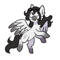 Size: 500x500 | Tagged: safe, artist:bunnykitty13, oc, oc only, unnamed oc, pegasus, pony, ambiguous gender, black mane, black tail, cheek fluff, coat markings, colored muzzle, colored wings, colored wingtips, ear fluff, ear piercing, earring, eye clipping through hair, eyebrow piercing, eyebrow slit, eyebrows, eyebrows visible through hair, flying, gradient legs, gray eyes, jewelry, labret, lip piercing, long mane, long tail, looking up, pegasus oc, piercing, simple background, smiling, socks (coat markings), solo, spread wings, tail, two toned wings, wavy mane, wavy tail, white background, white coat, windswept mane, wingding eyes, wings