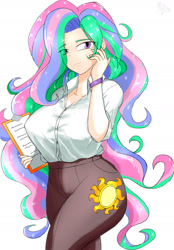 Size: 1280x1837 | Tagged: safe, artist:a.s.e, princess celestia, principal celestia, human, equestria girls, g4, breasts, busty princess celestia, clipboard, clothes, cutie mark on clothes, female, humanized, long hair, simple background, solo, white background