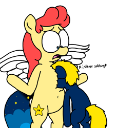 Size: 3023x3351 | Tagged: safe, artist:professorventurer, oc, oc only, oc:power play, oc:power star, pony, belly button, bipedal, butt, chest fluff, chubby, comfort, crying, descriptive noise, emotional support, head buried in chest, plot, rule 85, simple background, sobbing, super mario 64, white background