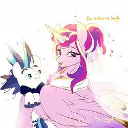 Size: 2048x2048 | Tagged: safe, artist:mikkybun, princess cadance, shining armor, alicorn, pony, unicorn, g4, alternate hairstyle, bowtie, chibi, clothes, dress, duo, duo male and female, female, high res, horn, male, mare, meme, ship:shiningcadance, shipping, simple background, stallion, sternocleidomastoid, straight, the bride and the ugly ass groom, veil, wedding dress, wedding veil, white background