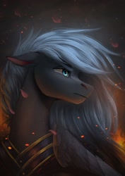 Size: 1769x2504 | Tagged: safe, artist:nettlemoth, oc, oc only, pegasus, pony, bust, ears back, embers, fire, looking offscreen, solo, turned head