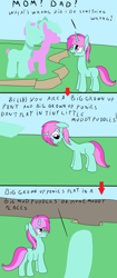 Size: 2000x4760 | Tagged: safe, artist:amateur-draw, oc, oc only, oc:belle boue, earth pony, unicorn, 3 panel comic, bait and switch, comic, father, female, horn, male, mare, mud, parent, sad, simple background, stallion, text