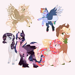 Size: 2000x2000 | Tagged: safe, artist:chimerabytes, applejack, fluttershy, pinkie pie, rainbow dash, rarity, twilight sparkle, alicorn, earth pony, pegasus, pony, unicorn, g4, alternate design, bow, coat markings, flying, high res, horn, long feather, mane six, patterned wings, size difference, socks (coat markings), spread wings, tail, tail bow, twilight sparkle (alicorn), unshorn fetlocks, wings