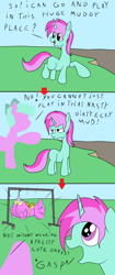 Size: 2000x4749 | Tagged: safe, artist:amateur-draw, oc, oc only, oc:belle boue, earth pony, unicorn, 3 panel comic, bait and switch, clothes, comic, dress, female, horn, male, mare, mother, mother and child, mother and son, mud, stallion, text