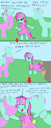 Size: 2000x4963 | Tagged: safe, artist:amateur-draw, oc, oc only, oc:belle boue, earth pony, unicorn, 3 panel comic, bipedal, clothes, comic, crossdressing, dress, father, father and child, father and son, female, horn, hug, male, mare, mother, mother and child, mother and son, mud, parent, pink dress, stallion, standing, text