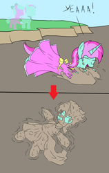 Size: 2000x3159 | Tagged: safe, artist:amateur-draw, oc, oc only, oc:belle boue, earth pony, unicorn, 2 panel comic, clothes, comic, covered in mud, crossdressing, dress, father, female, horn, male, mare, mother, mud, mud bath, muddy, pink dress, simple background, solo, stallion, text, wet and messy