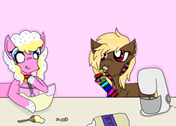 Size: 1400x1000 | Tagged: safe, artist:wolfypoof, oc, oc only, earth pony, pony, :d, baking, bowl, clothes, duo, hoof hold, licking, mixer, mixing bowl, open mouth, open smile, simple background, smiling, socks, spoon, striped socks, table, tongue out, whisk