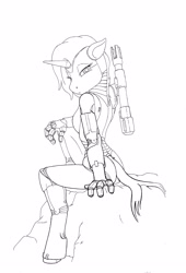 Size: 2718x3999 | Tagged: safe, artist:azirik, oc, oc only, cyborg, unicorn, anthro, unguligrade anthro, female, horn, lineart, looking back, monochrome, rock, simple background, sitting, solo, weapon, white background