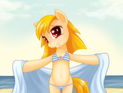 Size: 1024x768 | Tagged: artist needed, safe, oc, oc only, oc:2ch-pony, semi-anthro, g4, beach, belly, belly button, bikini, bipedal, blushing, clothes, female, hind legs, mare, ocean, sarong, solo, swimsuit, towel, water