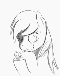 Size: 495x625 | Tagged: safe, artist:jailbait, derpy hooves, pegasus, g4, chewing, eating, eyepatch, food, monochrome, muffin, simple background, sketch, solo