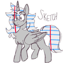 Size: 1280x1280 | Tagged: safe, artist:bunnykitty13, oc, oc only, oc:sketch, alicorn, pony, alicorn oc, brown eyes, eye clipping through hair, eyebrows, eyebrows visible through hair, eyelashes, female, folded wings, gray coat, horn, long mane, long tail, mare, multicolored mane, multicolored tail, raised hoof, simple background, solo, standing, tail, text, unicorn horn, white background, wings