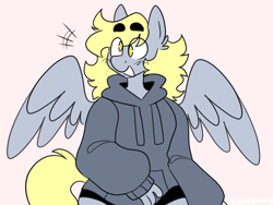 Size: 2048x1536 | Tagged: safe, artist:bunnykitty13, derpy hooves, pegasus, anthro, g4, big ears, clothes, derp, ear fluff, emanata, eye clipping through hair, eyebrows, eyebrows visible through hair, female, gray coat, hoodie, mare, pink background, shorts, simple background, smiling, solo, spread wings, wings, yellow eyes