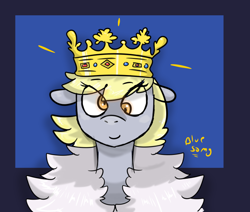 Size: 1280x1084 | Tagged: safe, artist:azulejo, derpy hooves, pony, g4, bust, crown, eye clipping through hair, female, jewelry, looking at you, mantle, mare, muffin queen, portrait, princess derpy, regalia, smiling, solo