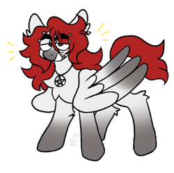 Size: 1280x1277 | Tagged: safe, artist:bunnykitty13, oc, oc only, unnamed oc, pegasus, beauty mark, colored muzzle, colored wings, colored wingtips, ear fluff, emanata, eye clipping through hair, eyebrow piercing, eyebrow slit, eyebrows, eyebrows visible through hair, folded wings, gradient hooves, gray eyes, large wings, leg fluff, lidded eyes, lip piercing, long mane male, male, pegasus oc, pentagram, piercing, signature, simple background, smiling, snake bites, solo, stallion, standing, thick eyebrows, two toned wings, watermark, white background, white coat, wings