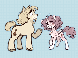 Size: 1280x960 | Tagged: safe, artist:bunnykitty13, oc, oc only, oc:eliot, oc:paulie, alicorn, earth pony, pony, alicorn oc, blonde mane, blonde tail, border, brown eyes, chest fluff, coat markings, colored eartips, colored hooves, colored muzzle, colored pinnae, colored wings, colored wingtips, concave belly, curly mane, curly tail, duo, duo male, earth pony oc, emanata, eye clipping through hair, eye scar, eyebrows, eyebrows visible through hair, facial scar, folded wings, grid, height difference, horn, jewelry, long mane male, looking at someone, looking back, male, messy mane, messy tail, necklace, one eye closed, patterned background, physique difference, pink coat, pink mane, pink tail, ponified, ponified oc, profile, raised hoof, scar, short tail, shy, smiling, socks (coat markings), standing, tail, thick eyebrows, two toned wings, unshorn fetlocks, wingding eyes, wings, yellow coat